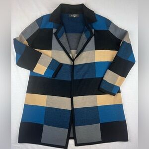 Kasper Women’s M Teal Black Tan Open Front Cardigan Long Colorblock Acrylic/wool